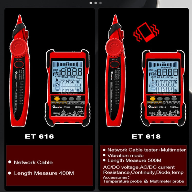 เครื่องทดสอบสายเคเบิลเครือข่ายแบบชาร์จไฟได้ Wire Tracker เครื่องทดสอบสายเคเบิล POE, ET616 (Red), ET618 (Red)