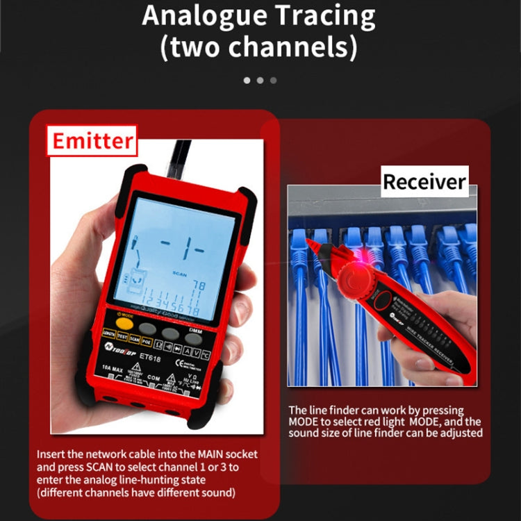 เครื่องทดสอบสายเคเบิลเครือข่ายแบบชาร์จไฟได้ Wire Tracker เครื่องทดสอบสายเคเบิล POE, ET616 (Red), ET618 (Red)