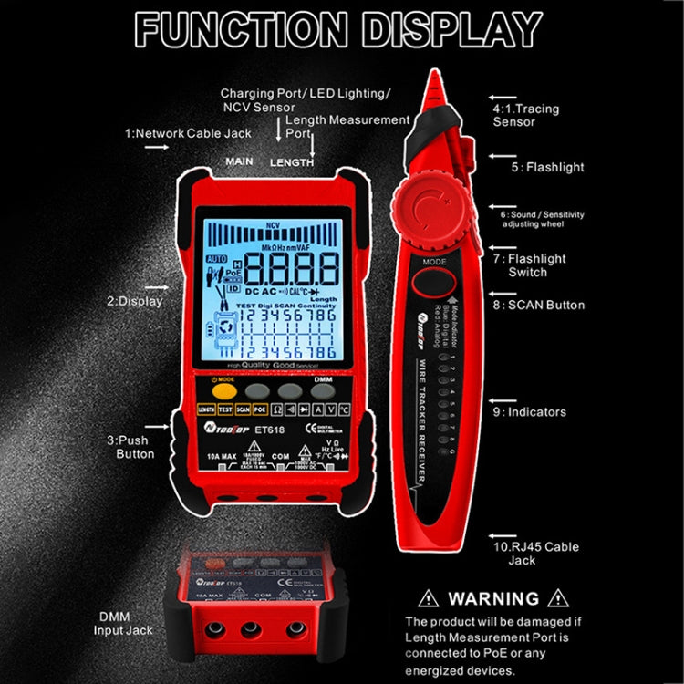 เครื่องทดสอบสายเคเบิลเครือข่ายแบบชาร์จไฟได้ Wire Tracker เครื่องทดสอบสายเคเบิล POE, ET616 (Red), ET618 (Red)
