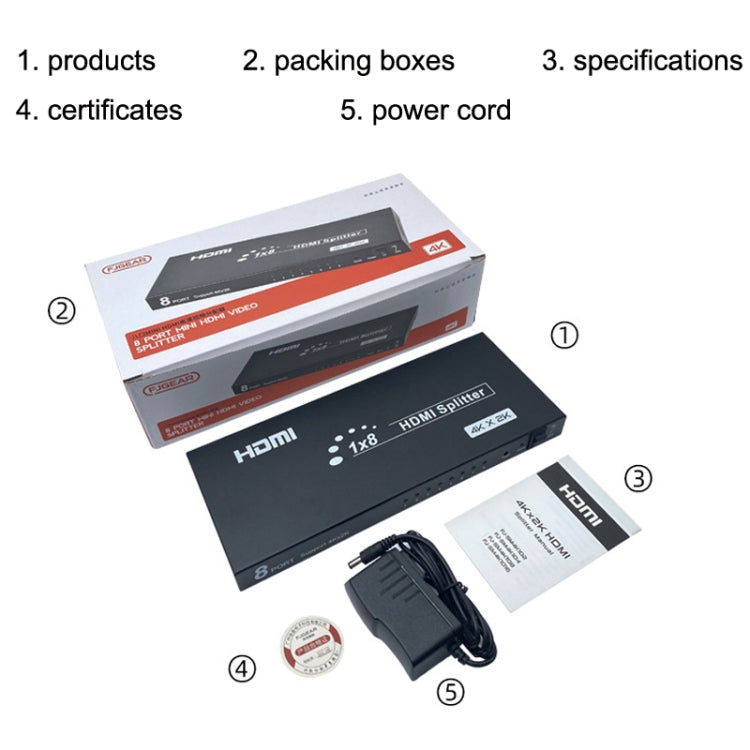 FJGEAR SM4K108 8 พอร์ต HDMI Splitter 4K HD Audio และ Video Splitter, SM4K108