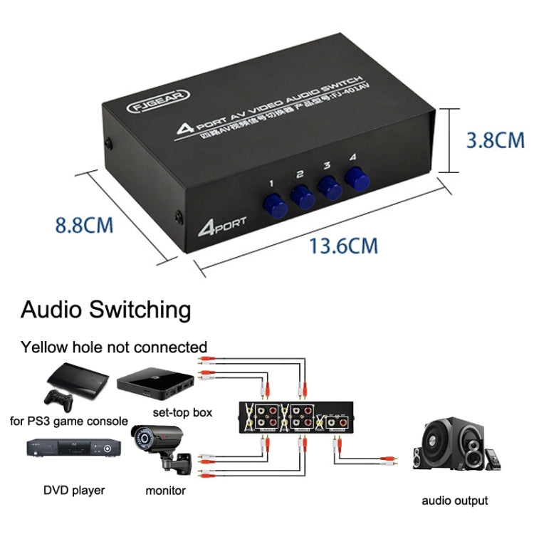 FJGEAR FJ-401AV อินเตอร์เฟส Lotus Head 4-way AV Audio and Video Switcher, FJ-401AV