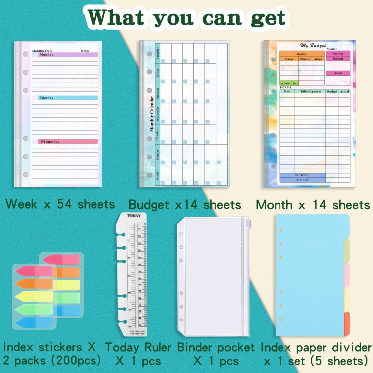 A6 6 Hole Budget Book Loose-leaf Replacement Core คู่มือแทรก, Spec:, Kit 1, 3 In 1, Monthly Plan 56 Sheets, Budget Page 56 Sheets, Weekly Plan 108 Sheets