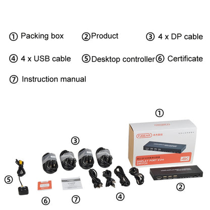 FJGEAR FJ-DK401 60HZ 4 พอร์ต DP + USB เป็น KVM Switcher พร้อมคอนโทรลเลอร์เดสก์ท็อป, FJ-DK401