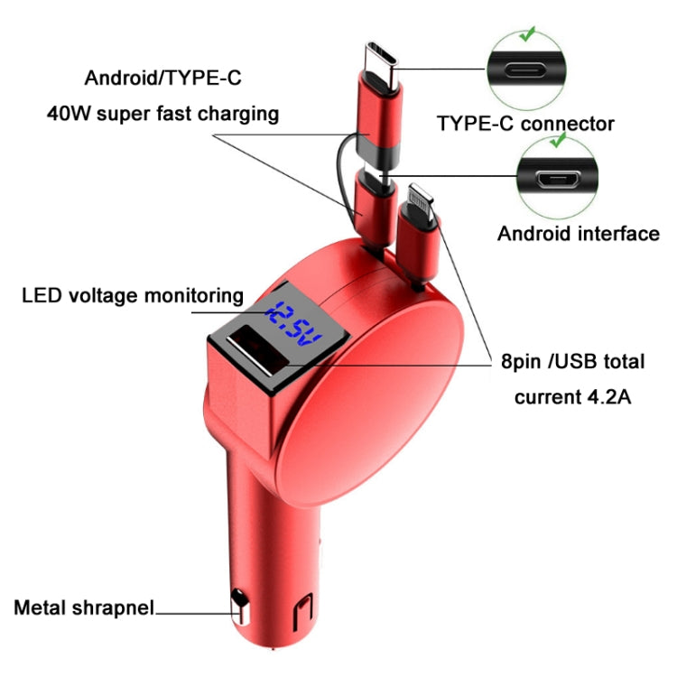 3 in 1 60W Fast Charging Dual Cable Retractable Car Charger, 40W