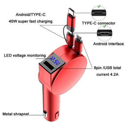 3 in 1 60W Fast Charging Dual Cable Retractable Car Charger, 40W
