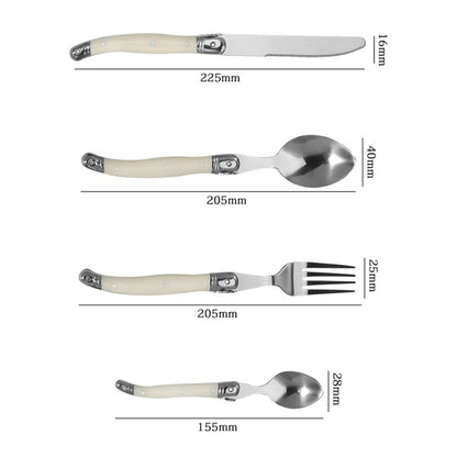 ชุดช้อนส้อมมีดสแตนเลสด้ามพลาสติกบนโต๊ะอาหารแบบตะวันตก, 6 Forks, 6 Spoons, 6 Tea Spoons