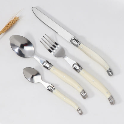 ชุดช้อนส้อมมีดสแตนเลสด้ามพลาสติกบนโต๊ะอาหารแบบตะวันตก, 6 Forks, 6 Spoons, 6 Tea Spoons