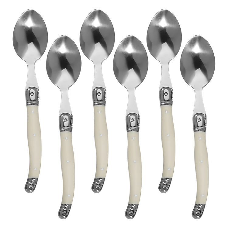 ชุดช้อนส้อมมีดสแตนเลสด้ามพลาสติกบนโต๊ะอาหารแบบตะวันตก, 6 Forks, 6 Spoons, 6 Tea Spoons