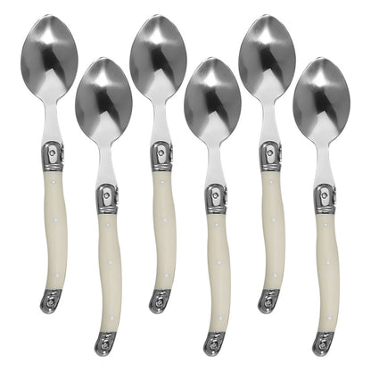 ชุดช้อนส้อมมีดสแตนเลสด้ามพลาสติกบนโต๊ะอาหารแบบตะวันตก, 6 Forks, 6 Spoons, 6 Tea Spoons