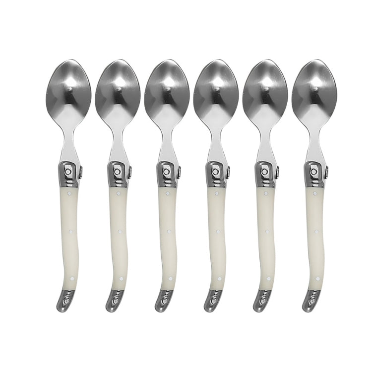 ชุดช้อนส้อมมีดสแตนเลสด้ามพลาสติกบนโต๊ะอาหารแบบตะวันตก, 6 Forks, 6 Spoons, 6 Tea Spoons