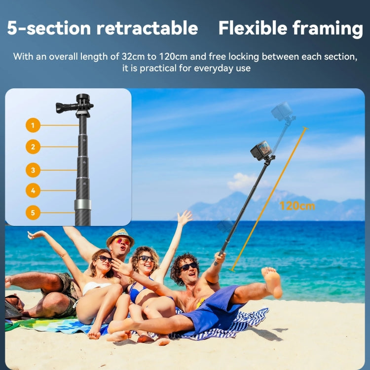 TELESIN ไม้เซลฟี่ Monopod คาร์บอนไฟเบอร์ 1.2 ม. พร้อมสกรู 1/4 สำหรับกล้องแอ็คชั่น, 1.2m