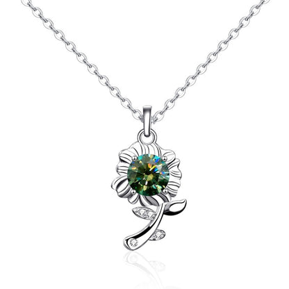 XMA033 สร้อยคอเงิน 925 Moissanite เครื่องประดับจี้ดอกไม้ดอกทานตะวัน, Green, White, Champagne Yellow
