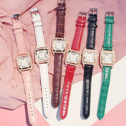 แฟชั่นผู้หญิง Tonneau Square สายนาฬิกาควอทซ์, White, Red, Black, Brown+Bracelet, Green+Bracelet, Black+Bracelet, Pink+Bracelet