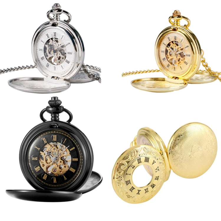 pm240 Classic Double Open Double Face นาฬิกาพกจักรกลแบบแมนนวลพร้อมตัวอักษรโรมัน, Black Shell Black Face Gold Movement, Silver Shell Silver Face Silver Movement, Gold Shell Gold Face Movement, Round Opening Gold Shell Gold Face