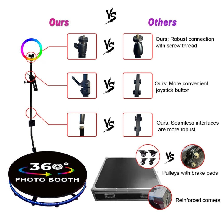 บูธภาพถ่ายเติมแสง RGB เปลี่ยนขาตั้งกล้องหมุนภาพพร้อมเคสเที่ยวบิน, 68cm, 100cm