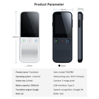 T10Pro Wifi ปัญญาประดิษฐ์เครื่องแปลภาพถ่าย / บันทึกรองรับ 138 ภาษา, T10Pro White, T10Pro Black