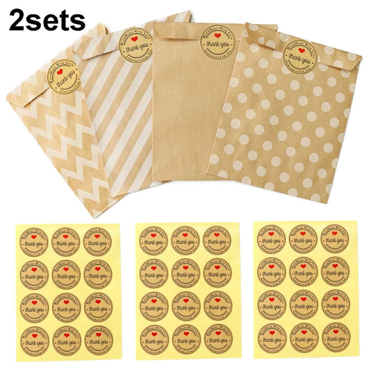 2sets Wave Dot บรรจุภัณฑ์ถุงกระดาษคราฟท์สติ๊กเกอร์ DIY เบเกอรี่บรรจุภัณฑ์ถุงของขวัญ, 2sets G4-40+Thank You Sticker, 2sets G4-41+Merci Sticker