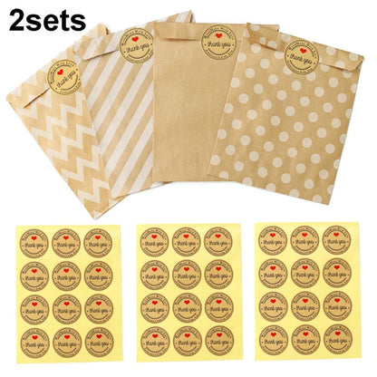 2sets Wave Dot บรรจุภัณฑ์ถุงกระดาษคราฟท์สติ๊กเกอร์ DIY เบเกอรี่บรรจุภัณฑ์ถุงของขวัญ, 2sets G4-40+Thank You Sticker, 2sets G4-41+Merci Sticker