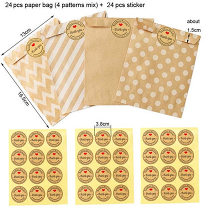 2sets Wave Dot บรรจุภัณฑ์ถุงกระดาษคราฟท์สติ๊กเกอร์ DIY เบเกอรี่บรรจุภัณฑ์ถุงของขวัญ, 2sets G4-40+Thank You Sticker, 2sets G4-41+Merci Sticker