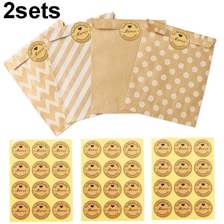 2sets Wave Dot บรรจุภัณฑ์ถุงกระดาษคราฟท์สติ๊กเกอร์ DIY เบเกอรี่บรรจุภัณฑ์ถุงของขวัญ, 2sets G4-40+Thank You Sticker, 2sets G4-41+Merci Sticker