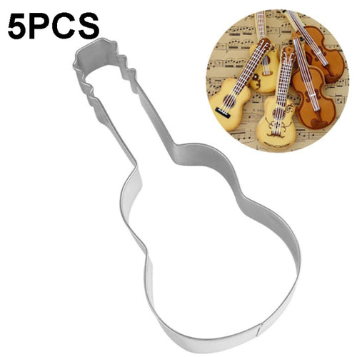5 ชิ้นกีต้าร์รูปร่างเบเกอรี่บิสกิตแม่พิมพ์สแตนเลส Fondant มูสวงกลม, Guitar Shape