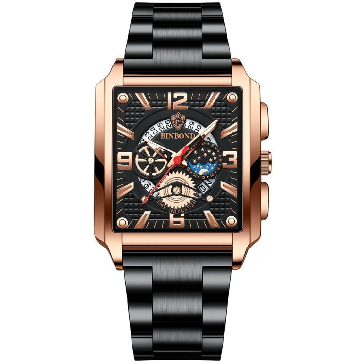BINBONG B6575 Men Vintage Square มัลติฟังก์ชั่นกันน้ำส่องสว่างนาฬิกาควอทซ์, Black-Rose Gold-Black-Rose, Black-Black-Black-White, Black-Black-Black-Rose, Full Gold-Black, White-Black, Brown Leather-Rose Gold-Black, Black Leather-Rose Gold-Black         ...