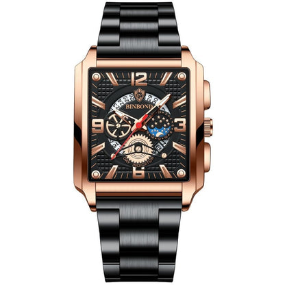 BINBONG B6575 Men Vintage Square มัลติฟังก์ชั่นกันน้ำส่องสว่างนาฬิกาควอทซ์, Black-Rose Gold-Black-Rose, Black-Black-Black-White, Black-Black-Black-Rose, Full Gold-Black, White-Black, Brown Leather-Rose Gold-Black, Black Leather-Rose Gold-Black         ...