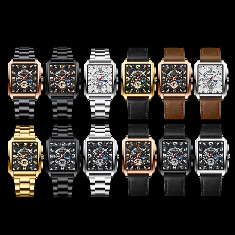 BINBONG B6575 Men Vintage Square มัลติฟังก์ชั่นกันน้ำส่องสว่างนาฬิกาควอทซ์, Black-Rose Gold-Black-Rose, Black-Black-Black-White, Black-Black-Black-Rose, Full Gold-Black, White-Black, Brown Leather-Rose Gold-Black, Black Leather-Rose Gold-Black         ...