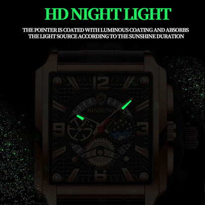 BINBONG B6575 Men Vintage Square มัลติฟังก์ชั่นกันน้ำส่องสว่างนาฬิกาควอทซ์, Black-Rose Gold-Black-Rose, Black-Black-Black-White, Black-Black-Black-Rose, Full Gold-Black, White-Black, Brown Leather-Rose Gold-Black, Black Leather-Rose Gold-Black         ...