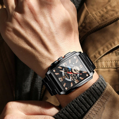 BINBONG B6575 Men Vintage Square มัลติฟังก์ชั่นกันน้ำส่องสว่างนาฬิกาควอทซ์, Black-Rose Gold-Black-Rose, Black-Black-Black-White, Black-Black-Black-Rose, Full Gold-Black, White-Black, Brown Leather-Rose Gold-Black, Black Leather-Rose Gold-Black         ...