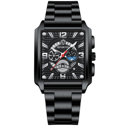BINBONG B6575 Men Vintage Square มัลติฟังก์ชั่นกันน้ำส่องสว่างนาฬิกาควอทซ์, Black-Rose Gold-Black-Rose, Black-Black-Black-White, Black-Black-Black-Rose, Full Gold-Black, White-Black, Brown Leather-Rose Gold-Black, Black Leather-Rose Gold-Black         ...