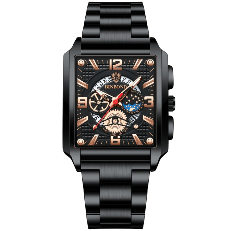 BINBONG B6575 Men Vintage Square มัลติฟังก์ชั่นกันน้ำส่องสว่างนาฬิกาควอทซ์, Black-Rose Gold-Black-Rose, Black-Black-Black-White, Black-Black-Black-Rose, Full Gold-Black, White-Black, Brown Leather-Rose Gold-Black, Black Leather-Rose Gold-Black         ...