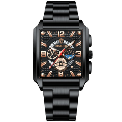 BINBONG B6575 Men Vintage Square มัลติฟังก์ชั่นกันน้ำส่องสว่างนาฬิกาควอทซ์, Black-Rose Gold-Black-Rose, Black-Black-Black-White, Black-Black-Black-Rose, Full Gold-Black, White-Black, Brown Leather-Rose Gold-Black, Black Leather-Rose Gold-Black         ...