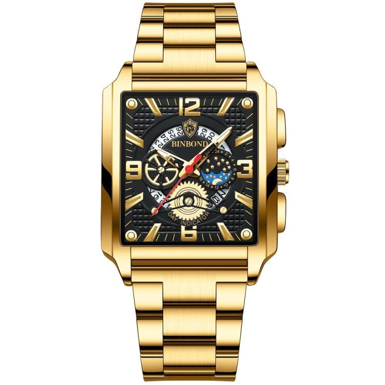 BINBONG B6575 Men Vintage Square มัลติฟังก์ชั่นกันน้ำส่องสว่างนาฬิกาควอทซ์, Black-Rose Gold-Black-Rose, Black-Black-Black-White, Black-Black-Black-Rose, Full Gold-Black, White-Black, Brown Leather-Rose Gold-Black, Black Leather-Rose Gold-Black         ...