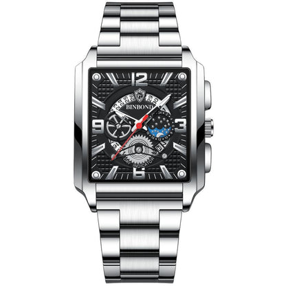 BINBONG B6575 Men Vintage Square มัลติฟังก์ชั่นกันน้ำส่องสว่างนาฬิกาควอทซ์, Black-Rose Gold-Black-Rose, Black-Black-Black-White, Black-Black-Black-Rose, Full Gold-Black, White-Black, Brown Leather-Rose Gold-Black, Black Leather-Rose Gold-Black         ...