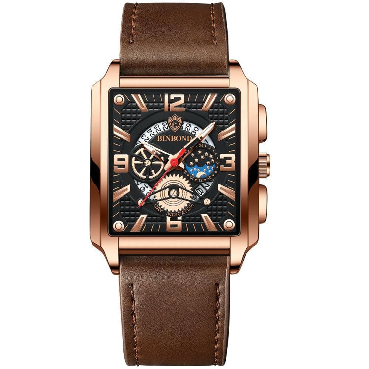 BINBONG B6575 Men Vintage Square มัลติฟังก์ชั่นกันน้ำส่องสว่างนาฬิกาควอทซ์, Black-Rose Gold-Black-Rose, Black-Black-Black-White, Black-Black-Black-Rose, Full Gold-Black, White-Black, Brown Leather-Rose Gold-Black, Black Leather-Rose Gold-Black         ...