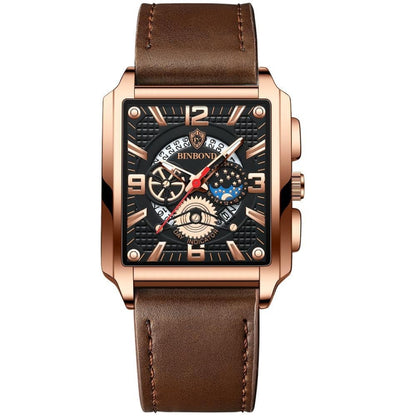 BINBONG B6575 Men Vintage Square มัลติฟังก์ชั่นกันน้ำส่องสว่างนาฬิกาควอทซ์, Black-Rose Gold-Black-Rose, Black-Black-Black-White, Black-Black-Black-Rose, Full Gold-Black, White-Black, Brown Leather-Rose Gold-Black, Black Leather-Rose Gold-Black         ...