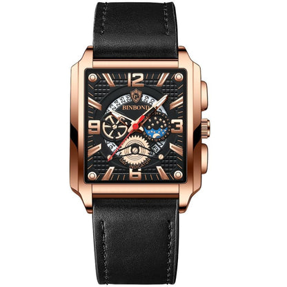 BINBONG B6575 Men Vintage Square มัลติฟังก์ชั่นกันน้ำส่องสว่างนาฬิกาควอทซ์, Black-Rose Gold-Black-Rose, Black-Black-Black-White, Black-Black-Black-Rose, Full Gold-Black, White-Black, Brown Leather-Rose Gold-Black, Black Leather-Rose Gold-Black         ...