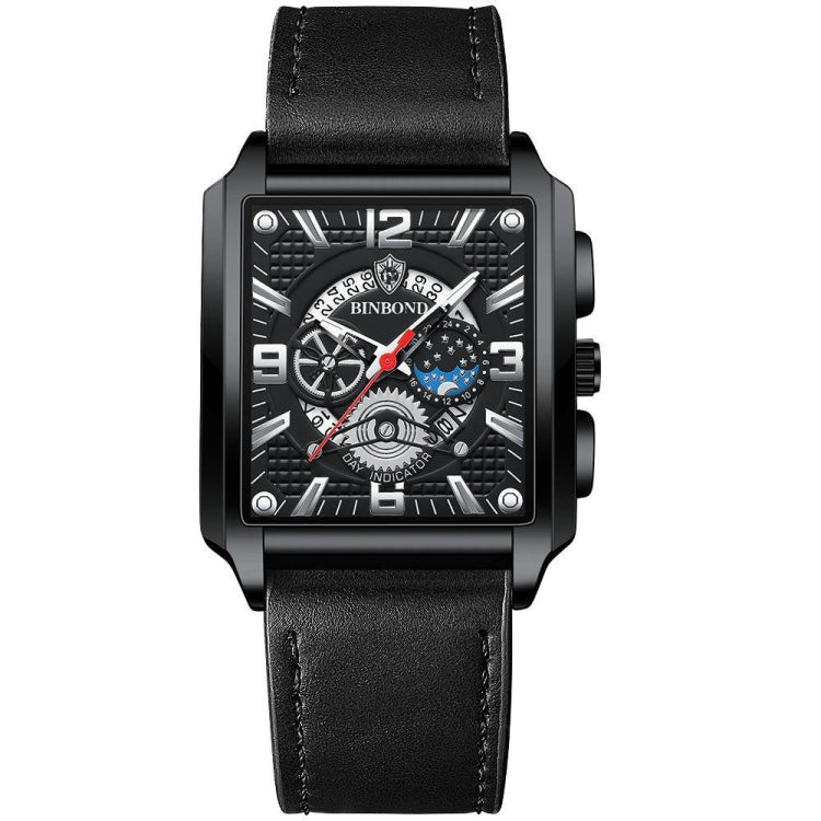 BINBONG B6575 Men Vintage Square มัลติฟังก์ชั่นกันน้ำส่องสว่างนาฬิกาควอทซ์, Black-Rose Gold-Black-Rose, Black-Black-Black-White, Black-Black-Black-Rose, Full Gold-Black, White-Black, Brown Leather-Rose Gold-Black, Black Leather-Rose Gold-Black         ...