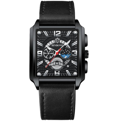 BINBONG B6575 Men Vintage Square มัลติฟังก์ชั่นกันน้ำส่องสว่างนาฬิกาควอทซ์, Black-Rose Gold-Black-Rose, Black-Black-Black-White, Black-Black-Black-Rose, Full Gold-Black, White-Black, Brown Leather-Rose Gold-Black, Black Leather-Rose Gold-Black         ...