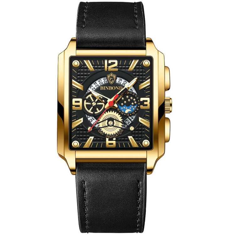 BINBONG B6575 Men Vintage Square มัลติฟังก์ชั่นกันน้ำส่องสว่างนาฬิกาควอทซ์, Black-Rose Gold-Black-Rose, Black-Black-Black-White, Black-Black-Black-Rose, Full Gold-Black, White-Black, Brown Leather-Rose Gold-Black, Black Leather-Rose Gold-Black         ...