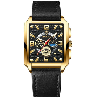 BINBONG B6575 Men Vintage Square มัลติฟังก์ชั่นกันน้ำส่องสว่างนาฬิกาควอทซ์, Black-Rose Gold-Black-Rose, Black-Black-Black-White, Black-Black-Black-Rose, Full Gold-Black, White-Black, Brown Leather-Rose Gold-Black, Black Leather-Rose Gold-Black         ...