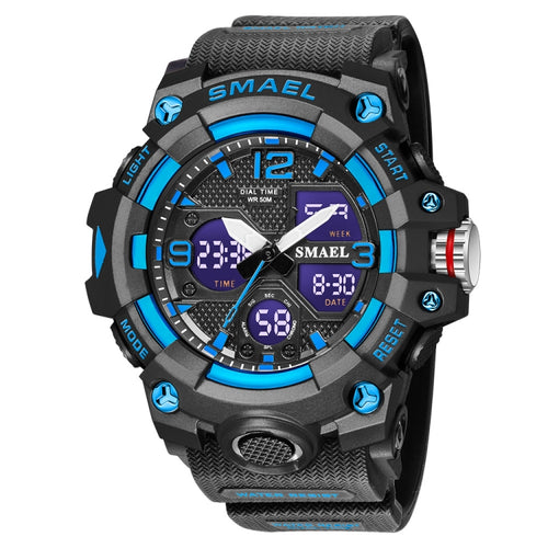SMAEL 8008 กีฬากลางแจ้งมัลติฟังก์ชั่นกันน้ำผู้ชายนาฬิกาเรืองแสง, Black Blue