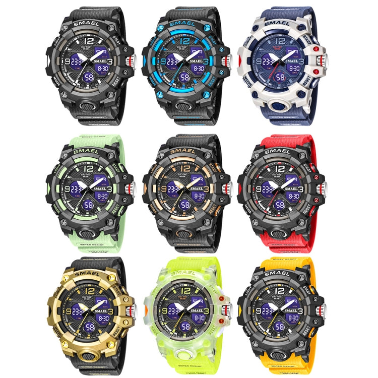 SMAEL 8008 กีฬากลางแจ้งมัลติฟังก์ชั่นกันน้ำผู้ชายนาฬิกาเรืองแสง, Black Blue