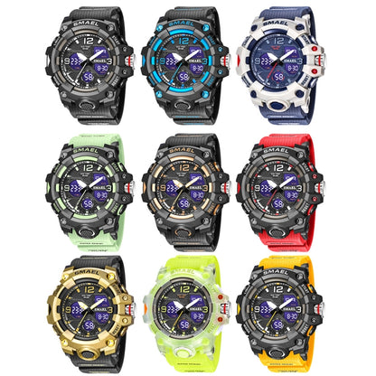 SMAEL 8008 กีฬากลางแจ้งมัลติฟังก์ชั่นกันน้ำผู้ชายนาฬิกาเรืองแสง, Black Blue