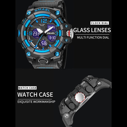 SMAEL 8008 กีฬากลางแจ้งมัลติฟังก์ชั่นกันน้ำผู้ชายนาฬิกาเรืองแสง, Black Blue