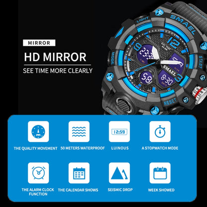 SMAEL 8008 กีฬากลางแจ้งมัลติฟังก์ชั่นกันน้ำผู้ชายนาฬิกาเรืองแสง, Black Blue