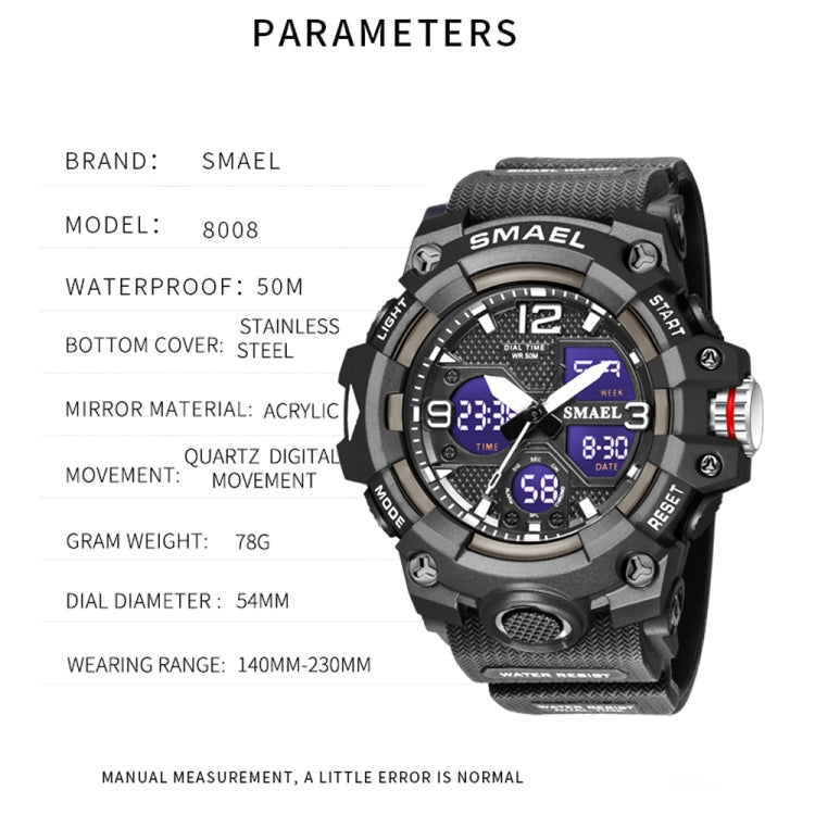 SMAEL 8008 กีฬากลางแจ้งมัลติฟังก์ชั่นกันน้ำผู้ชายนาฬิกาเรืองแสง, Black Blue