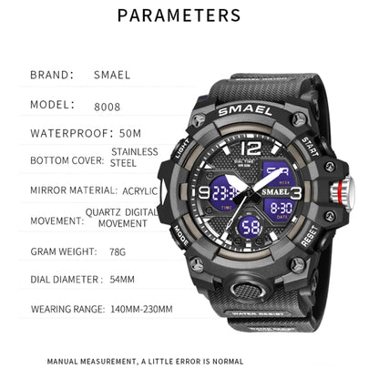 SMAEL 8008 กีฬากลางแจ้งมัลติฟังก์ชั่นกันน้ำผู้ชายนาฬิกาเรืองแสง, Black Blue