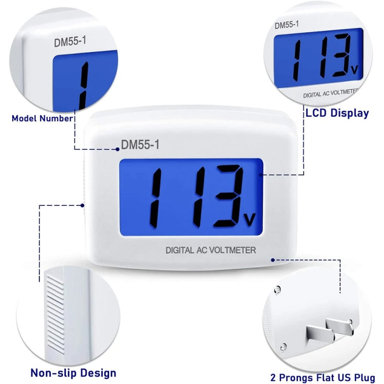 DM55-1 AC 110V- 220V LCD Digital Voltmeter เครื่องทดสอบแรงดันไฟฟ้าเครื่องตรวจจับ Meter, DM55-1 US Plug, DM55-1 EU Plug